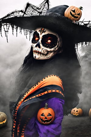 1girl, lavish outfit with elaborate decorations, textured spandex emboss stretch fabric, rhinestone appliques, lace patches, walk on misty landscape, dark night, silhouettes of dead trees,dim lights, helloween themed, pumkins everywhere, hyperdetailed artwork, high_res,insane details ,Catrina,Epicrealism,(Halloween:1.2)