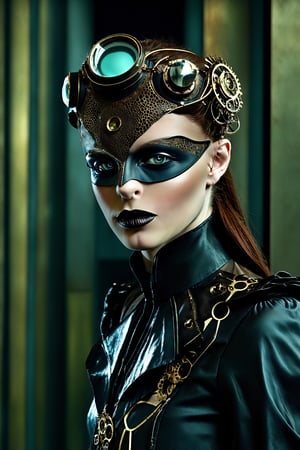 In a neo-gothic steampunk, retro-futuristic dystopian fashion shot, the sharp focus highlights the unique character of celluloid film, with its film grain adding a touch of vintage charm. This photo showcases a close-up side portrait of a beautiful girl in a dystopian cityscape. She is adorned in a steampunk-inspired outfit, featuring intricate gears, cogs, and retro-futuristic elements, exuding a blend of neo-gothic elegance and cyberpunk aesthetics. The high neckline, puffed sleeves, and mechanical accents enhance the dress's femininity, while the dark color palette and industrial silhouette evoke a sense of dark, futuristic beauty in a dystopian world.

The flickering neon lights in the cityscape delicately illuminate the girl's face, emphasizing her natural beauty. She wears minimal makeup, allowing her detailed face and eyes to take center stage. Her very thin eyebrows frame her pale skin, which possesses a textured and slightly oiled shine, adding a subtle allure. The skin exhibits intricate details, including visible pores, light freckles, and a fine layer of skin fuzz. Imperfections such as skin blemishes, mechanical enhancements, and minor skin imperfections lend an authentic touch to her complexion in this dystopian era.

The focus on her eyes is captivating, with the round iris displaying remarkable detail. Neon reflections dance in her eyes, accentuating the visible cornea and highly detailed iris. Tiny mechanical components delicately trace their paths, showcasing the intricacy of her gaze. The girl's pupils, with their unique cybernetic characteristics, draw viewers into her captivating gaze, blending neo-gothic steampunk aesthetics with retro-futuristic dystopian allure.,Vampirella