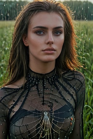 Extremely realistic,Generate hyper realistic image of a woman with unseen natural beauty, her features refracted through the droplets of a morning dew-covered spider's web in a dew-kissed meadow, radiating an ephemeral and ethereal allure., photo r3al,Magical Fantasy style,inst4 style,darkart,monster