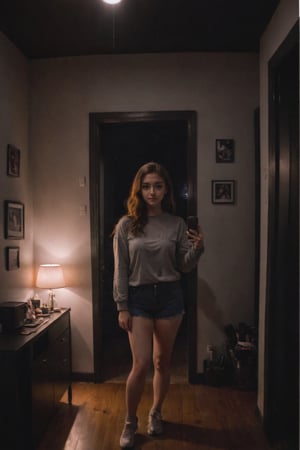 Flash light Instagram selfie of a Gen-Z girl standing in her dark room.,