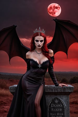 Vampire girl, big breast, bat wings tiara, sitting on a grave, leaning forward, menacing look, showing big fangs, red eyes, pointed ears, gothic dark ambience , pin up model, (masterpiece, best quality), intricate details, perfectly drawn face, night scene, full moon in a faded, stormy red sky,Movie Still,Monster,Magical Fantasy style,Landskaper