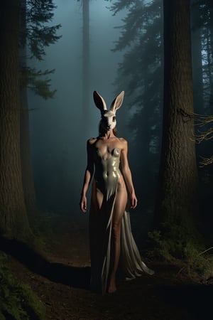 (ultra realistic photograph:1.3) (matte skin:1.2) (realistic skin texture:1.3)  (32k, RAW photo, best quality, ultra high res, photorealistic, masterpiece) a close up ofan hybrid female with a rabbit head. a surrealist sculpture, by Elizabeth Charleston, deviantart, figuration libre, tears, dressed in a worn, centaur, stained”, “ full body, porcelain skin. studio ghibli, “loss of inner self, an ancient, full body and head, pinup pose. In the style of find footage horror movies. Trail cam still. Night shot at a macabre forest. Foggy night. Low light. Taken with a Hasselblad H6D-400c MS. Zeiss Otus 70mm lens. ARRI SkyPanels continuous LED lighting. Profoto D2 strobes. High-End Computer Post-Processing. Adobe Photoshop and Lightroom for precise adjustments, retouching, and color grading.lanskaper