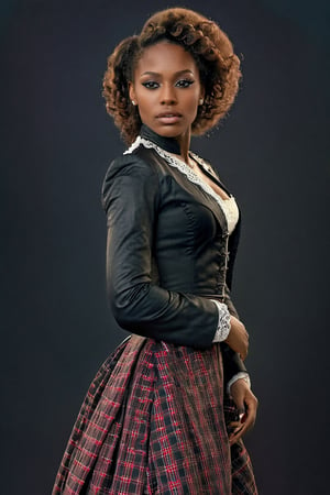 Extremely realistic, Nascar Racing event , 1woman , Sexy African woman , Afro hair style , cleavage , Wearing Scottish skirt , Wearing a frock coat victorian era style , masterpiece , (best quality) , (((realistic))) , ((photorealistic)) , (ultra-detailed) , (detailed light) , (beautiful intricate eyes) , (beautiful face:1.3) , full body shot , far away shot, athletic physique , neon highlights , (((((Victorian era england))))) , Matte photo , detailmaster2 , Dark, neon colors, Extremely Realistic,r4w photo,photo r3al,Magical Fantasy style,diorama,inst4 style