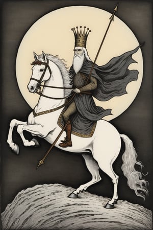 Tfirst rider of the Apocalypse, a figure riding a white horse. Adorned with a crown, (((this rider carries a bow:1.3)) With an aura of power and determination. in the style of Edward Gorey. Edward Gorey Style page