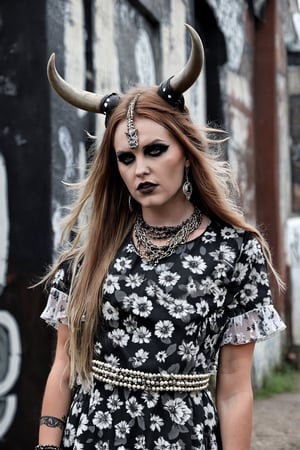 Grunge style, textured, vintage, edgy, grunge rock vibe, dirty, noisy, a girl with horns, a girl in a flower print  dress, and long oink hair laying outside, in the style of eclectic montage, black and white metalwork jewelry, flower power, gray and brown, photographic source, detailed costumes, the setting is a urban background. Street photograph, (graffiti:1.3),Realism,Epicrealism,Enhance,Details,Beautification,Landskaper,photo r3al