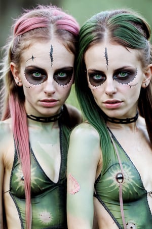 (masterpiece, top quality, best quality) 2 girls, heads stitched together, scars and stitches all over body, crying_with_eyes_open, long hair, green skin, bandages around arms, perfect face, beautiful face, beautiful eyes, heterochromia one eye brown one eye pink, (monster girl), ,Monster,biopunk style,Landskaper