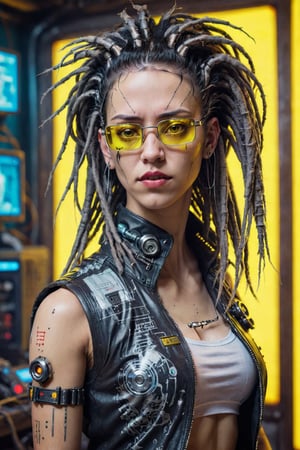 photograph, Cyborg 46 Monk (1girl:1.3) , she is feeling lustful, she has Natural Bio Mechanical lips and large eyebrows, dressed in techno Vest, her Vest is buttoned up, she has Black hair dreads, Anklet, Browline glasses, complex electric yellow background, Panorama, Detailed illustration, Wonder, Ambient lighting, Orton effect, Cinestill 50, Selective focus,Extremely Realistic,monster,cyberpunk style