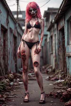 (((full body shot:1.4))). Kawaiicore, coquette, cutecore. A super sexy zombie bikini model, flirting with the camera, hyper detailed background, deep depth of field. Professional fashion photography. ,Zombie