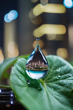 A highly detailed macro photograph of a water droplet magnifying a futuristic, brightly lit microscopic city inside. The translucent water droplet sits on top of a green leaf, refracting the illuminated skyscrapers and buildings inside it. The cityscape inside the water droplet has crisply rendered futuristic architecture with sharp lights and neon signs, as if seen through a microscope lens. The composition is perfectly balanced with the water droplet as the central focus, shown using depth of field with the green leaf blurred in the foreground. The lighting is bright and clinical, like specialized macro photography equipment, revealing every minute detail of the futuristic micro city inside the magnified water drop. Taken using a Sony A7R IV. Canon EF 100mm f/2.8L Macro IS USM lens. Rotolight AEOS continuous LED lights. StackShot Macro Rail from Cognisys focus stacking system. MyStudio MS20 Professional Tabletop Photo Studio. Adobe Photoshop Post-Processing Software.,make_3d,Landskaper,Sci-fi 