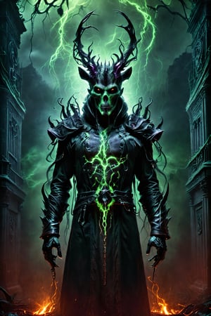 extremely realistic, Chernobog the king of the dark, wearing black, Slavic Folk, a background of [Shadowy Realms, Ominous Temples, Haunted Landscapes, Malevolent Skies, Dark Forests.], in the colors [Dark Blacks, Sinister Greys, Ominous Reds] and [Malevolent Purples, Eerie Greens.], immersive, blending shadowy allure with mythical narratives, expansive, otherworldly atmospheric, visually captivating, in the style [Dark Symbolism, Eerie Surrealism, Illustrative Horror, Malevolent Realism, Gothic Fantasy].  cyberpunk style, detailmaster2,Extremely Realistic,monster