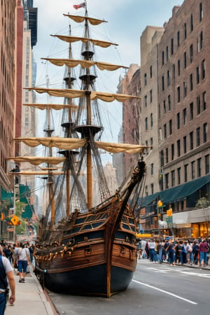 Extremely realistic, a ghostly galleon in the middle of 5th street in New York. Traffic jam, people terrified., street background, street photograph, deep depth of field. ,Extremely Realistic.,galleon