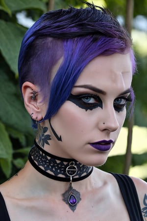 (upper body photograph:1.3) (neck tattoos:1.3) best quality, 8k, ultra realistic, ultra detailed, hyperdetailed photography, real photo, realistic eyes, bad bitchy alternative goth girl, blue hair, delicate purple lip gloss, slightly freckled, detailed hair, black dress with bare shoulders, outdoors, detailed face, mischief, 20 years old, black choker, penetrating look, ,Landskaper,photo r3al