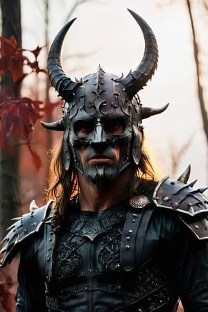 extremely realistic, ((((upper body photograph:1.4)))) Chernobog the king of the dark, wearing a black intricately detailed armor with chiseled micro details. Wearing a great helm with a spiked crown and antler horns, with a black metal carved and chiseled mask resembling death. Red eyes behind the mask. Slavic Folk, a background of [Malevolent Skies, Dark Forests.], in the colors [Ominous Reds] and [Eerie Greens.], immersive, blending shadowy allure with mythical narratives, expansive, otherworldly atmospheric, visually captivating, in the style [Malevolent Realism and Gothic Fantasy]. ,Extremely Realistic,Cinematic ,Landskaper