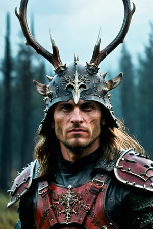 extremely realistic, Chernobog the king of the dark, wearing a black intricately detailed armor with chiseled micro details, a helmet with a spikes crown and deer antlers, full face cover. Slavic Folk, a background of [Malevolent Skies, Dark Forests.], in the colors [Ominous Reds] and [Eerie Greens.], immersive, blending shadowy allure with mythical narratives, expansive, otherworldly atmospheric, visually captivating, in the style [Malevolent Realism and Gothic Fantasy]. ,Extremely Realistic,Cinematic ,Landskaper