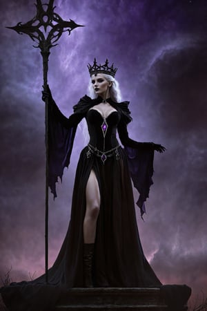 Masterpiece,  hyper realistic,  hyper detailed,  ((realistic skin texture:1.3)) a Female dark witch holding a mythical purple glowing staff in a throne room with (glowing glyphs and runes flying around:1.3). dark sorceress girl,  (perfect_face),  (white hair),  slim waist,  wide thighs,  glowing tiara,  wearing transparent black gown,  transparent lingerie,  garter belt  stockings and (high heeled boots:1.3) sexy,  (holding (big staff)),  magical elements,  (magical particles),  detailed majestic red sky,  realistic,  photorealistic,  dramatic lighting,  cinematic lighting,  intricate,  high res,  detailed,  32k,  best quality,  masterpiece,  evil witch,  complex_background,  (realism),  dark scene,  horror,  gothic,  ((perfect_body)),  (well_exposed body),  bright subject ((magic)), Landskaper, Magical Fantasy style, ,Landskaper,Magical Fantasy style,DonMn1ghtm4reXL