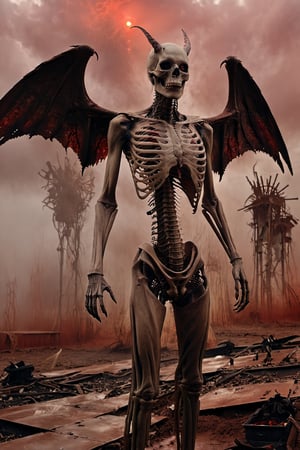 Extremely realistic, Generate hyper realistic image of a scene featuring a demonic entity with skeletal wings and a ghastly, elongated face, surrounded by an eerie, blood-red mist in a desolate wasteland, radiating malevolence and despair, photo r3al,Magical Fantasy style,inst4 style,darkart,monster