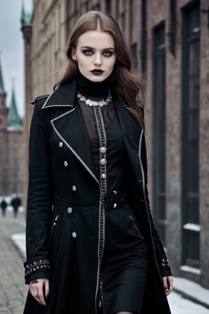 Extremely realistic. High fashion photography, profesional cinematic still, professional fashion model. Irina, a Russian 23 years old gothic model, wearing a black trenchcoat with silver buttons. All closed, high heeled boots, goth jewellery.  ,photorealistic,Extremely Realistic,cyborg,goth person