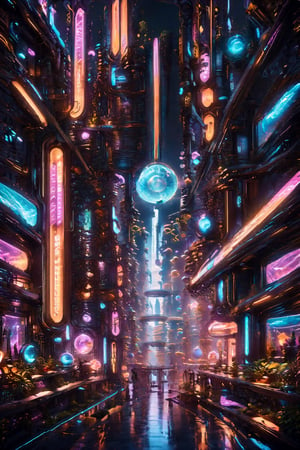 A Photograph of a bustling metropolis alley, bathed in the neon glow of countless levels and stores. Immerse viewers in a futuristic world of cyberpunk aesthetics, with dazzling neon signs and a sci-fi atmosphere that captivates the imagination.