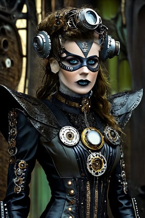 In a neo-gothic steampunk, retro-futuristic dystopian fashion shot, the sharp focus highlights the unique character of celluloid film, with its film grain adding a touch of vintage charm. This photo showcases a close-up side portrait of a beautiful girl in a dystopian cityscape. She is adorned in a steampunk-inspired outfit, featuring intricate gears, cogs, and retro-futuristic elements, exuding a blend of neo-gothic elegance and cyberpunk aesthetics. The high neckline, puffed sleeves, and mechanical accents enhance the dress's femininity, while the dark color palette and industrial silhouette evoke a sense of dark, futuristic beauty in a dystopian world.

The flickering neon lights in the cityscape delicately illuminate the girl's face, emphasizing her natural beauty. She wears minimal makeup, allowing her detailed face and eyes to take center stage. Her very thin eyebrows frame her pale skin, which possesses a textured and slightly oiled shine, adding a subtle allure. The skin exhibits intricate details, including visible pores, light freckles, and a fine layer of skin fuzz. Imperfections such as skin blemishes, mechanical enhancements, and minor skin imperfections lend an authentic touch to her complexion in this dystopian era.

The focus on her eyes is captivating, with the round iris displaying remarkable detail. Neon reflections dance in her eyes, accentuating the visible cornea and highly detailed iris. Tiny mechanical components delicately trace their paths, showcasing the intricacy of her gaze. The girl's pupils, with their unique cybernetic characteristics, draw viewers into her captivating gaze, blending neo-gothic steampunk aesthetics with retro-futuristic dystopian allure.,Vampirella