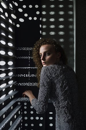 A dark room where the only source of light is the daylight passing through a dotted pattern window. girl looks out of a window, in the style of conceptual light sculptures, polka dots, imaginative prison scenes, fashion photography, opaque resin panels, luminous shadows, close-up