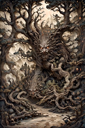 [A creepy forest], craft paper and paper cut, [with gnarled bare trees], intricate details, high resolution.