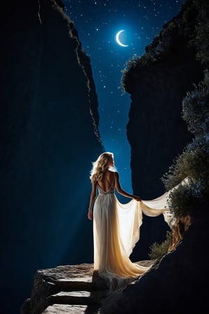 Hype realistic, hyper detailed, masterpiece, (full body photograph:1.3) a mesmerizing girl with blonde hair cascading down her back like liquid sunshine. Her large, expressive cerulean eyes hold the secrets of a thousand worlds, with a faint hint of curiosity and wonder. She stands atop a moonlit cliff, her elegant gown billowing in the soft breeze, and one hand gracefully reaching out towards the starry night sky. In the backdrop, a celestial tapestry of constellations weaves a tale of timeless beauty, and a gentle glow from a distant crescent moon illuminates her delicate features. Capture this moment, where the mundane and the mystical converge, inviting viewers to lose themselves in her captivating aura.image should be 32k,Landskaper,Magical Fantasy style