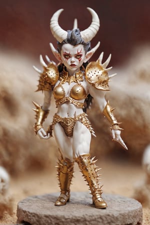 Insanely detailed and realistic porcelain figurine. Hand painted miniature of an Insanely gorgeous demon girl wearing a spiked golden armor.  (full body:1.3). hell pit diorama. Dynamic pose. Anatomically correct, 16k resolution. Museum collection masterpiece, realistic Tilt shift effect photograph, 3D Chibi Figure,photo r3al