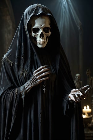(upper body photograph:1.3) horror photography. Dark fantasy art. Real life photograph of a tall, emaciated figure draped in tattered black robes, its face hidden behind a translucent veil. Skeletal hands and claw-like nails add to its ghastly appearance. The conceptual art and scene must be inspired by Luis Royo and Guillermo del Toro. Enhance the psychological impact with folklore-inspired symbols and artifacts strategically placed. Taken using a Canon EOS R camera with a 50mm lens. Cinematic dramatic lighting. Hyper Realistic Photograph, Cinematic, Hyperdetailed. UHD, Color Correction, color grading, hyper realistic. CGI and VFX by Weta Digital. Practical effects by Weta workshop,Monster,horror