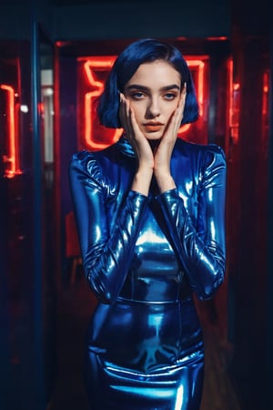 A lovely woman covering her face with her hands, wearing a blues cocktail dress, 500 px models, dark blue neon colored universe, chrome bob haircut, portrait of Kim Petras, woman very tired, detached sleeves, red light, tragedy of the mind - driven, dark hues, redshift, connectedness, emote, stylized portrait h 1280, aesthetic!!!!!, tense,analog,more saturation 