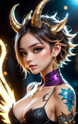 1 girl, dark blond hair, golden reflections hair, short hair, spiky hair, floating hair, feathered hair, glasses, 2 horns on the head, ((horn, jewelry)), dragon girl, black eyeshadow, black and gold outfit, best quality, golden eyes, European model, ((tattoo)), masterpiece, beautiful and aesthetic, high contrast, 16K, (HDR:1.4), lens flare, (vibrant color:1.4), cinematic lighting, ambient lighting, sidelighting, wide shot, ultra realistic illustration, anime style, Full length side view, deep V shirt, shirt unbuttoned, Pale skin, earrings, shape body, artbook artwork, detailed beautfiul face, sculpting, sharp focus, emitting diodes, sparks, 4 k resolution,haohaovietnam