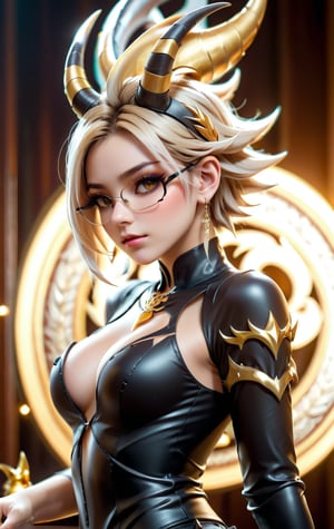 1 girl, dark blond hair, golden reflections hair, short hair, spiky hair, floating hair, feathered hair, glasses, 2 horns on the head, ((horn, jewelry)), dragon girl, black eyeshadow, black and gold outfit, best quality, golden eyes, European model, ((tattoo)), masterpiece, beautiful and aesthetic, high contrast, 16K, (HDR:1.4), lens flare, (vibrant color:1.4), cinematic lighting, ambient lighting, sidelighting, wide shot, ultra realistic illustration, anime style, Full length side view, deep V shirt, shirt unbuttoned, Pale skin, earrings, shape body, artbook artwork, detailed beautfiul face, sculpting, sharp focus, emitting diodes, sparks, 4 k resolution