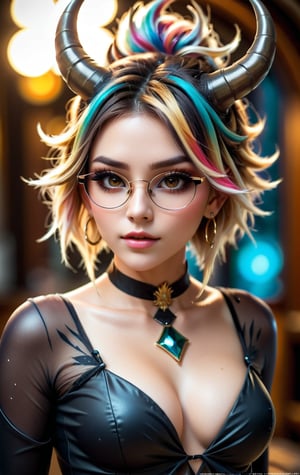 1 girl, dark blond hair, golden reflections hair, short hair, spiky hair, floating hair, feathered hair, glasses, 2 horns on the head, ((horn, jewelry)), dragon girl, black eyeshadow, black and gold outfit, best quality, golden eyes, European model, ((tattoo)), masterpiece, beautiful and aesthetic, high contrast, 16K, (HDR:1.4), lens flare, (vibrant color:1.4), cinematic lighting, ambient lighting, sidelighting, wide shot, ultra realistic illustration, anime style, Full length side view, deep V shirt, shirt unbuttoned, Pale skin, earrings, shape body, artbook artwork, detailed beautfiul face, sculpting, sharp focus, emitting diodes, sparks, 4 k resolution