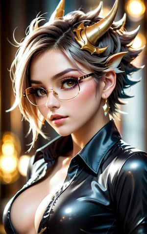 1 girl, dark blond hair, golden reflections hair, short hair, spiky hair, floating hair, feathered hair, glasses, 2 horns on the head, ((horn, jewelry)), dragon girl, black eyeshadow, black and gold outfit, best quality, golden eyes, European model, ((tattoo)), masterpiece, beautiful and aesthetic, high contrast, 16K, (HDR:1.4), lens flare, (vibrant color:1.4), cinematic lighting, ambient lighting, sidelighting, wide shot, ultra realistic illustration, anime style, Full length side view, deep V shirt, shirt unbuttoned, Pale skin, earrings, shape body, artbook artwork, detailed beautfiul face, sculpting, sharp focus, emitting diodes, sparks, 4 k resolution