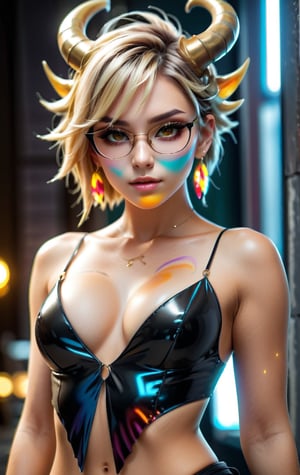 1 girl, dark blond hair, golden reflections hair, short hair, spiky hair, floating hair, feathered hair, glasses, 2 horns on the head, ((horn, jewelry)), dragon girl, black eyeshadow, black and gold outfit, best quality, golden eyes, European model, ((tattoo)), masterpiece, beautiful and aesthetic, high contrast, 16K, (HDR:1.4), lens flare, (vibrant color:1.4), cinematic lighting, ambient lighting, sidelighting, wide shot, ultra realistic illustration, anime style, Full length side view, deep V shirt, shirt unbuttoned, Pale skin, earrings, shape body, artbook artwork, detailed beautfiul face, sculpting, sharp focus, emitting diodes, sparks, 4 k resolution