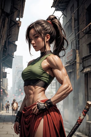 (best quality), (UHQ, 8k, high resolution), Generate a high-resolution pixel art masterpiece , the character was a samurai, she wearing a crop-top, she has a pony tail and she has pretty muscular anatomy,she is attractive and seductive,characters sheet