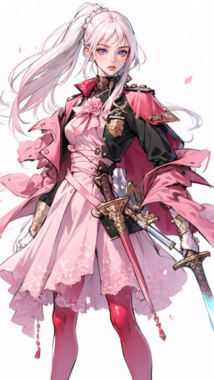 masterpiece, best quality, photorealistic, 8k raw photo, long hair, black uniform, beautifull clear eyes, holding sword , detailed background, detailed skin, pore, ultra detailed, high resolution, intricate detailed , white hair, princess, noble, Elegant, white gauntlet,boichi manga style,3DMM, ((pink tights)),detailed background,1 girl,Exquisite details and textures,pony_tail,rose