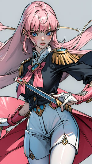 masterpiece, best quality, photorealistic, 8k raw photo, long hair, black uniform, beautifull clear eyes, holding sword , detailed background, detailed skin, pore, ultra detailed, high resolution, intricate detailed,  sexy legs , white hair, princess, noble, pink tights , Elegant, white gauntlet,boichi manga style,3DMM, pink  pantyhouse