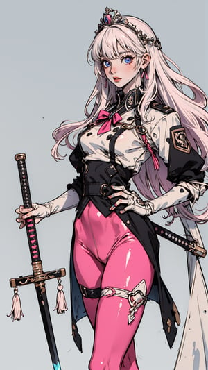 masterpiece, best quality, photorealistic, 8k raw photo, long hair, black uniform, beautifull clear eyes, holding sword , detailed background, detailed skin, pore, ultra detailed, high resolution, intricate detailed,  sexy legs , white hair, princess, noble, pink tights , Elegant, white gauntlet,boichi manga style,3DMM, pink  pantyhouse