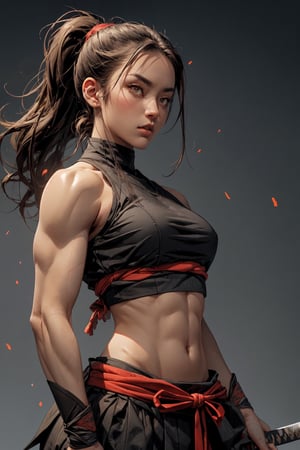 (best quality), (UHQ, 8k, high resolution), Generate a high-resolution pixel art masterpiece , put emphasis on the character was a samurai, she wearing a crop-top, she has a pony tail and she has pretty muscular anatomy,she is attractive and seductive,glowing eyes,katana,weapon