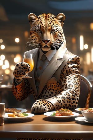 humanoid, leopard, drinking and eat at restaurant,Intrigued, 8k, leopard suit, detailed, perfect body, colored, paws on table, looking_at_viewer, big body, silky bristles, (hold chopstiks), 