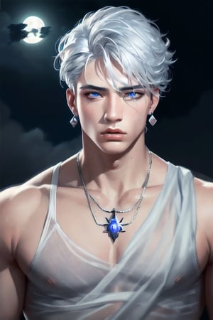 moon warrior boy with silver hair highest quality clean art detalised perfect rendering proffesional art aesthetic moon earring manly face manly jaw pretty nose manly anatomy cold emotionless eyes hyperdetailed magical pretty body hyperdetailed face features hyperdetailed eyes artwork proffesional digital drawing full hd 4k hyperrealistic full body
