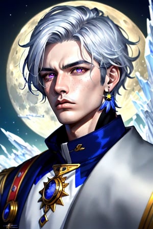 moon warrior boy with silver hair highest quality clean art detalised perfect rendering proffesional art aesthetic moon earring manly face manly jaw pretty nose manly anatomy cold emotionless red eyes hyperdetailed magical pretty body hyperdetailed face features hyperdetailed eyes artwork proffesional digital drawing full hd 4k
