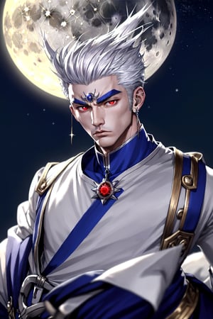 moon warrior boy with silver hair highest quality clean art detalised perfect rendering proffesional art aesthetic moon earring manly face manly jaw pretty nose manly anatomy cold emotionless red eyes hyperdetailed
