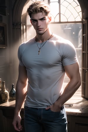 best quality, masterpiece, (Handsome Russian guy, 32year old:1.5), blue jeans, (a casual look:1.1),	16K, (HDR:1.4), high contrast, bokeh:1.2, lens flare,	half body view,	beautiful and aesthetic, vibrant color, Exquisite details and textures, warm tone, ultra realistic illustration,siena natural ratio, anime style, 	shot Wave blonde hair,	a t-shirt, jeans,	ultra hd, realistic, vivid colors, highly detailed, UHD drawing, perfect composition, ultra hd, 8k, he has an inner glow, stunning, something that even doesn't exist, mythical being, energy, molecular, textures, iridescent and luminescent scales, breathtaking beauty, pure perfection, divine presence, unforgettable, impressive, breathtaking beauty, Volumetric light, auras, rays, vivid colors reflects.