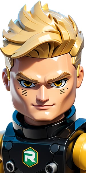 logo for modern app, cartoon style, lego face, blond man of 28 y.o.,  classic haircut, blond hair, black eyes, white and light yellow, look seriously, sci-fi armor, Roblox, cyberpunk style, half body view, 2d animation cartoon style, gamer, game logo style,