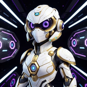 white and gold duck, big purple eyes, sci-fi armour,  sacred geometry, futuristic clothesi,detailmaster2, cinematic moviemaker style, 2d cartoon style, in space ship, smile