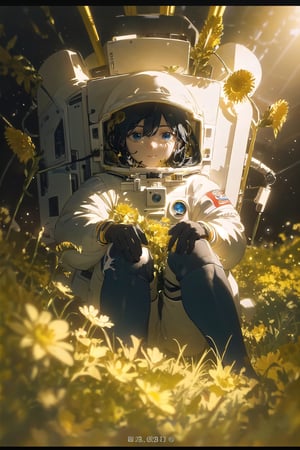 (masterpiece, best quality), cinematic composition, letterboxed, depth of field, solo focus, astronaut sitting in a field of yellow flowers with resting on the ground, gloves, yellow flower, black gloves, spacesuit, science fiction, sunlight, black hair, blue eyes, looking at viewer