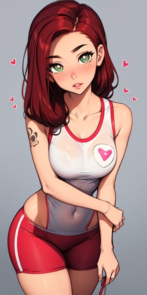 (corruption),1girl,red hair, green eyes, medium breasts,no blush,collarbone, (heart-shaped pupils:1.3),SAM YANG, perfect shape breast, curvy body, nice thick thighs, collarbone, nice medium breast, sporty body, petite , no background, juicy lips, amazing perspective angles, cool pose, , cool pattern arm tattoo, gym clothes, mature face