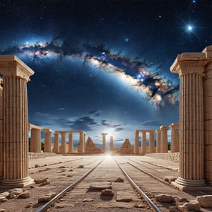 A high-quality hyperrealistic photograph of Milky Way over Karnak Temple in Egypt The photo shows an amazing night view of a starry sky with part of the Milky Way Galaxy in the middle. The scene is surrounded by large columns and ancient temples or structures, perhaps Egyptian or Greek temples, which are seen from bottom to top. In the upper right corner of the image there is a shining half moon, adding additional beauty to the night scene. The ancient columns and structures seem to perfectly highlight the stunning sky, creating a contrast between ancient history and the beauty of the universe. eco-friendly train, hyperrealistic,