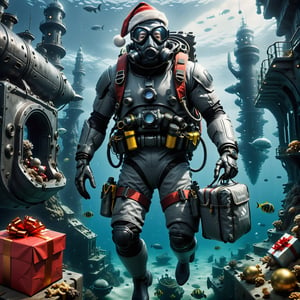masterpiece, best quality, high detailed, Extremely Realistic, futuristic, It's a new world under the ocean, santa ready to deliver the presents, Santa with diving gear and wearing diving mask while (((carrying a sack of gift))) dives 🤿 to a (((futuristic city at the deep bottom of the sea flour))), action_pose, DonMR3mn4ntsXL Metropolis